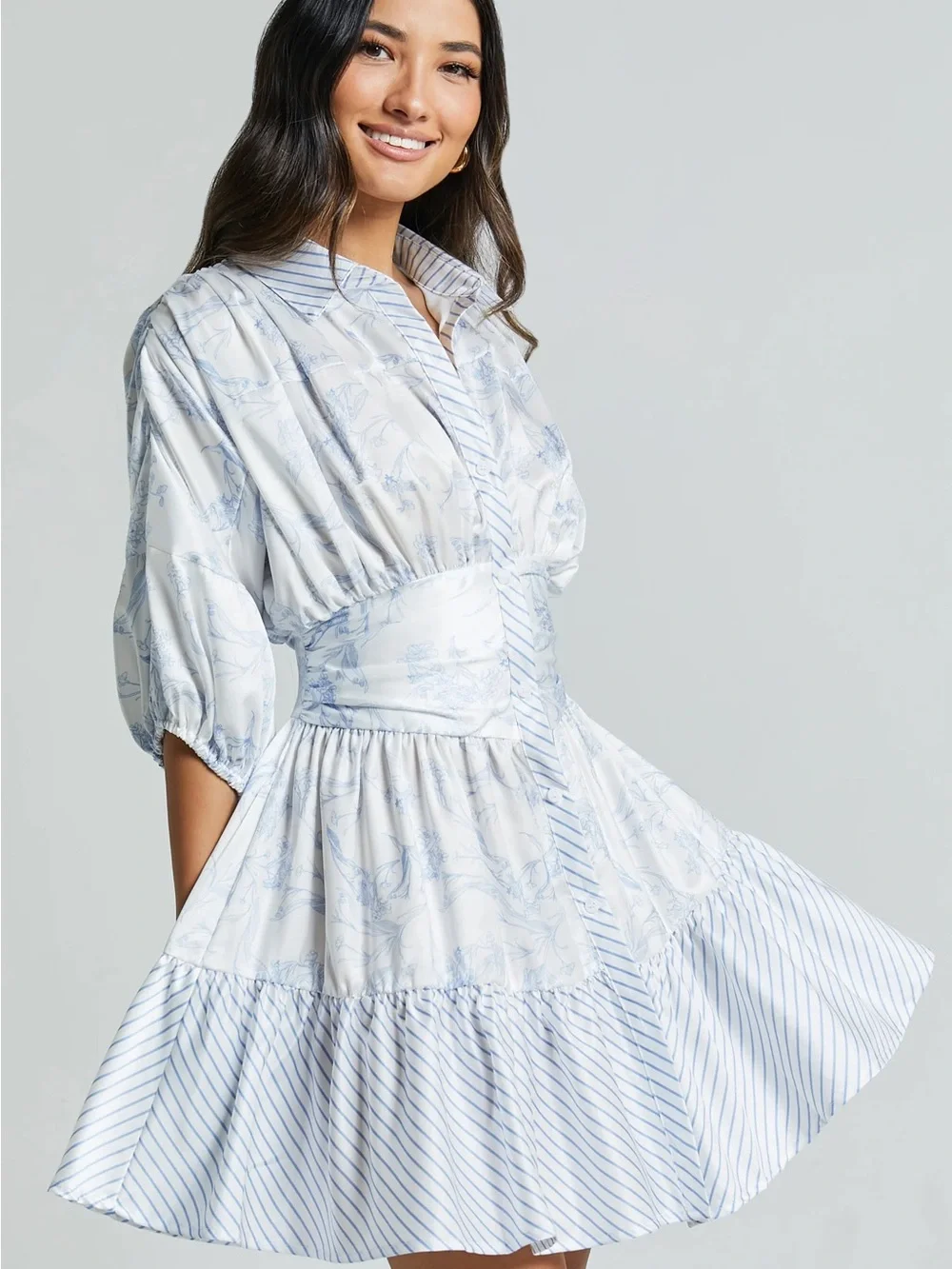 AMABELLA Light Blue & White Floral Puff-Sleeve Mini Dress - Picture 3 of 8